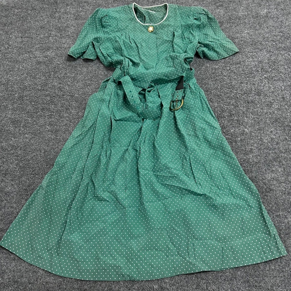 Peri Petites Dress Womens Size 8P Green Polka Dot Belted Vintage Midi Short